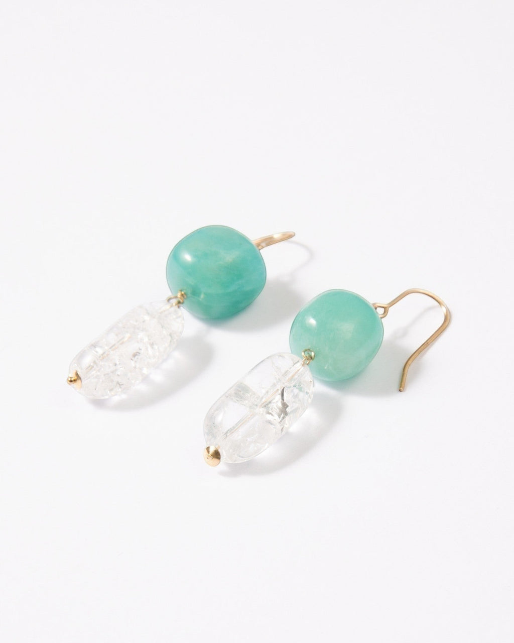 Elsita Jewelry Aqua earrings featuring round Amazonite beads and clear quartz drops on 14K gold-filled hooks.