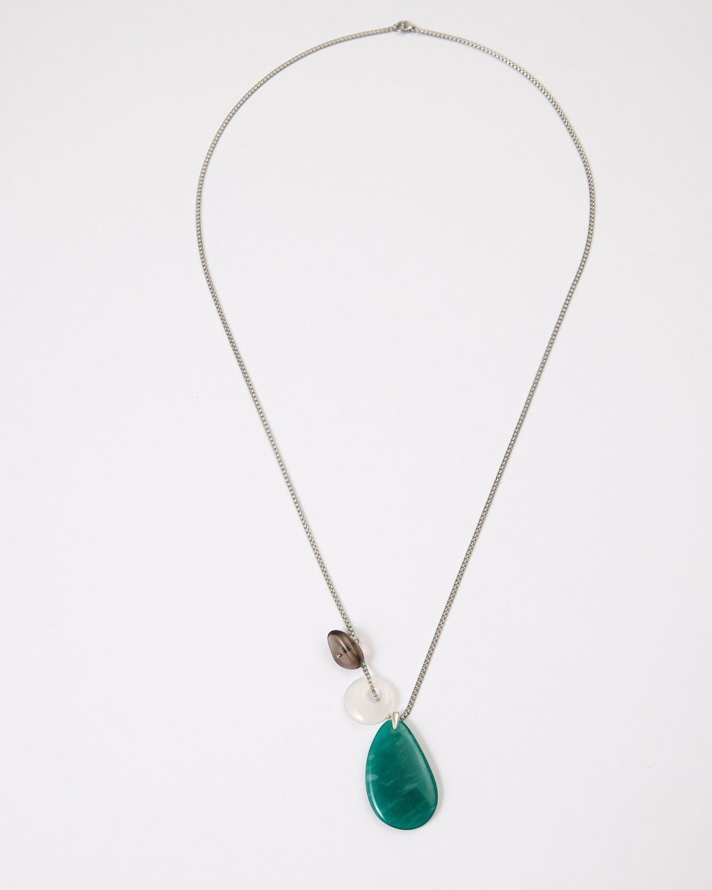 Elsita Jewelry Stein am Rhein necklace featuring a large green Amazonite, white agate, and smoky quartz on silver chain