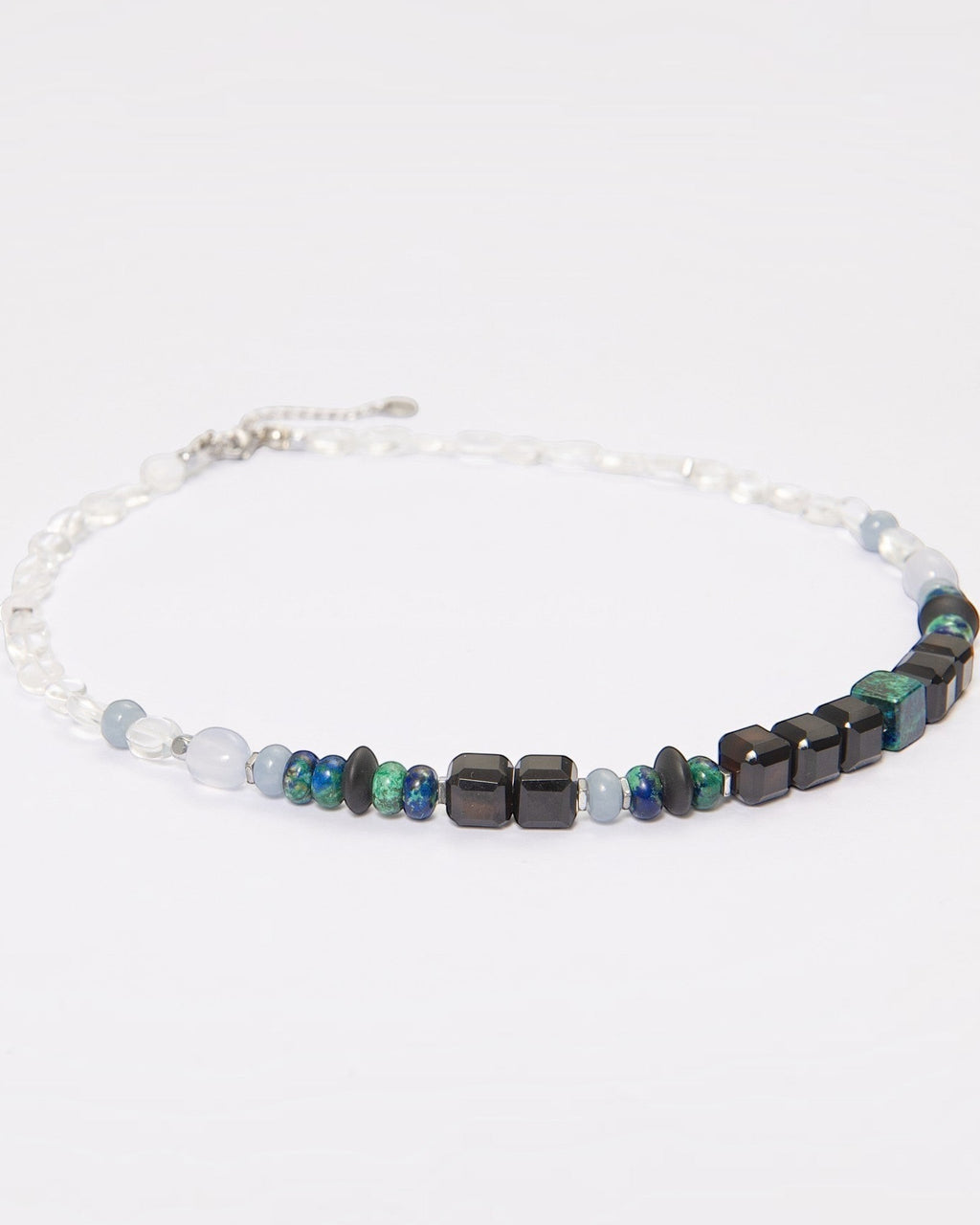 Elsita Jewelry Blausee Deep necklace featuring chrysocolla, black agate, angelite, and chalcedony beads.