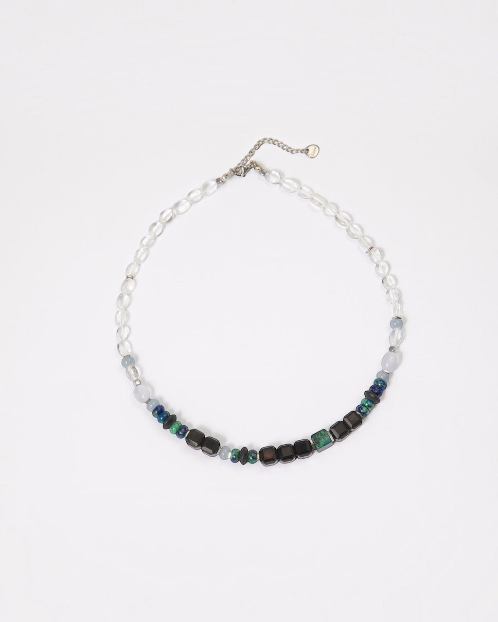 Elsita Jewelry Blausee Deep necklace featuring chrysocolla, black agate, and chalcedony beads on a stainless chain.