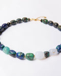 Elsita Jewelry Blausee Depth necklace featuring azurite, amazonite, chalcedony, and black tourmaline mineral beads.