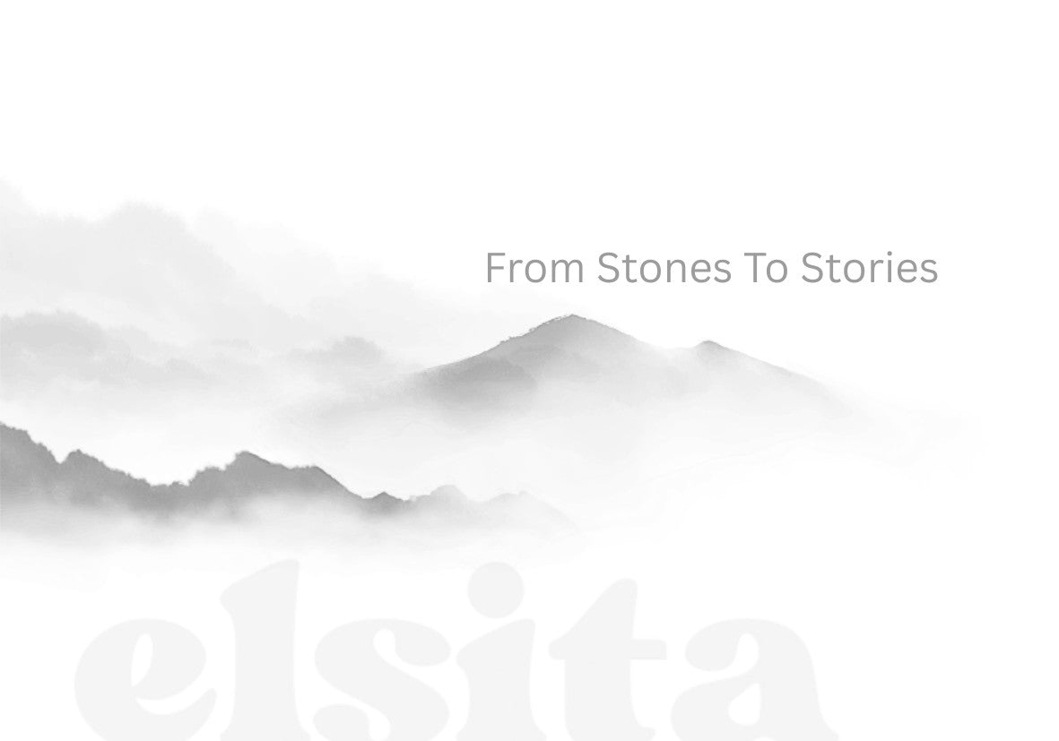 Elsita Jewelry gift card featuring a minimalist mountain landscape design with the text From Stones To Stories