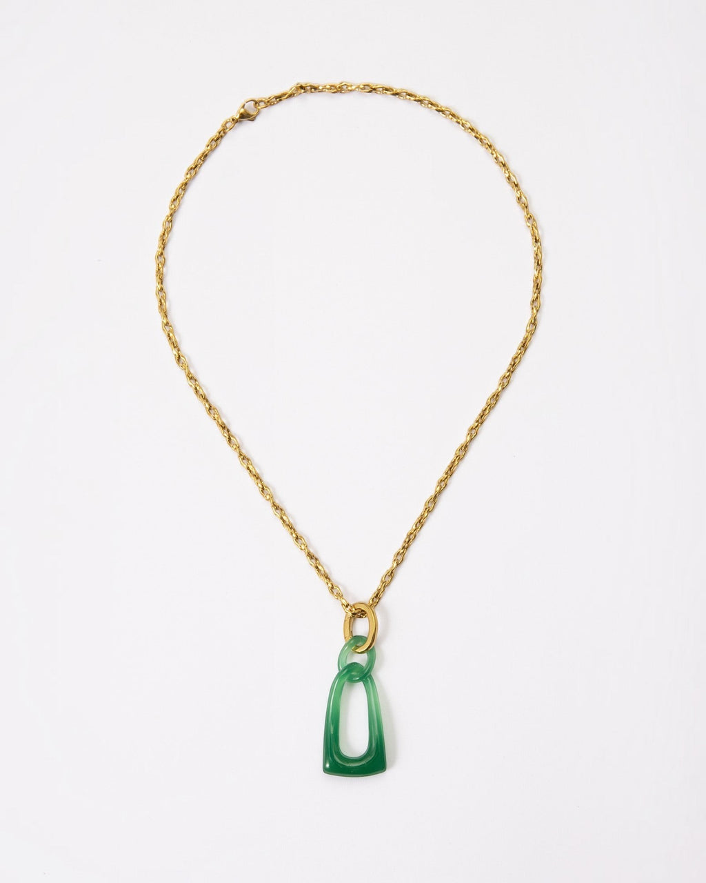 Elsita Jewelry Link Green necklace featuring hand-carved interlocked green agate chain links on a gold-tone metal chain.