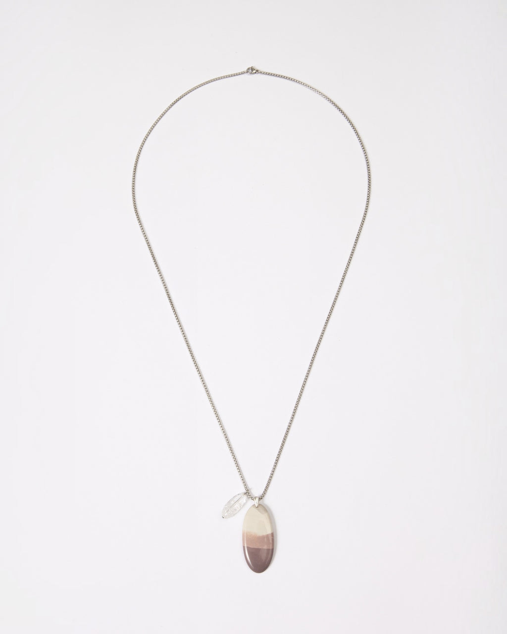 Elsita Jewelry Mauve I necklace featuring a smooth oval Hyacinth Jasper pendant in lavender and white on a silver chain