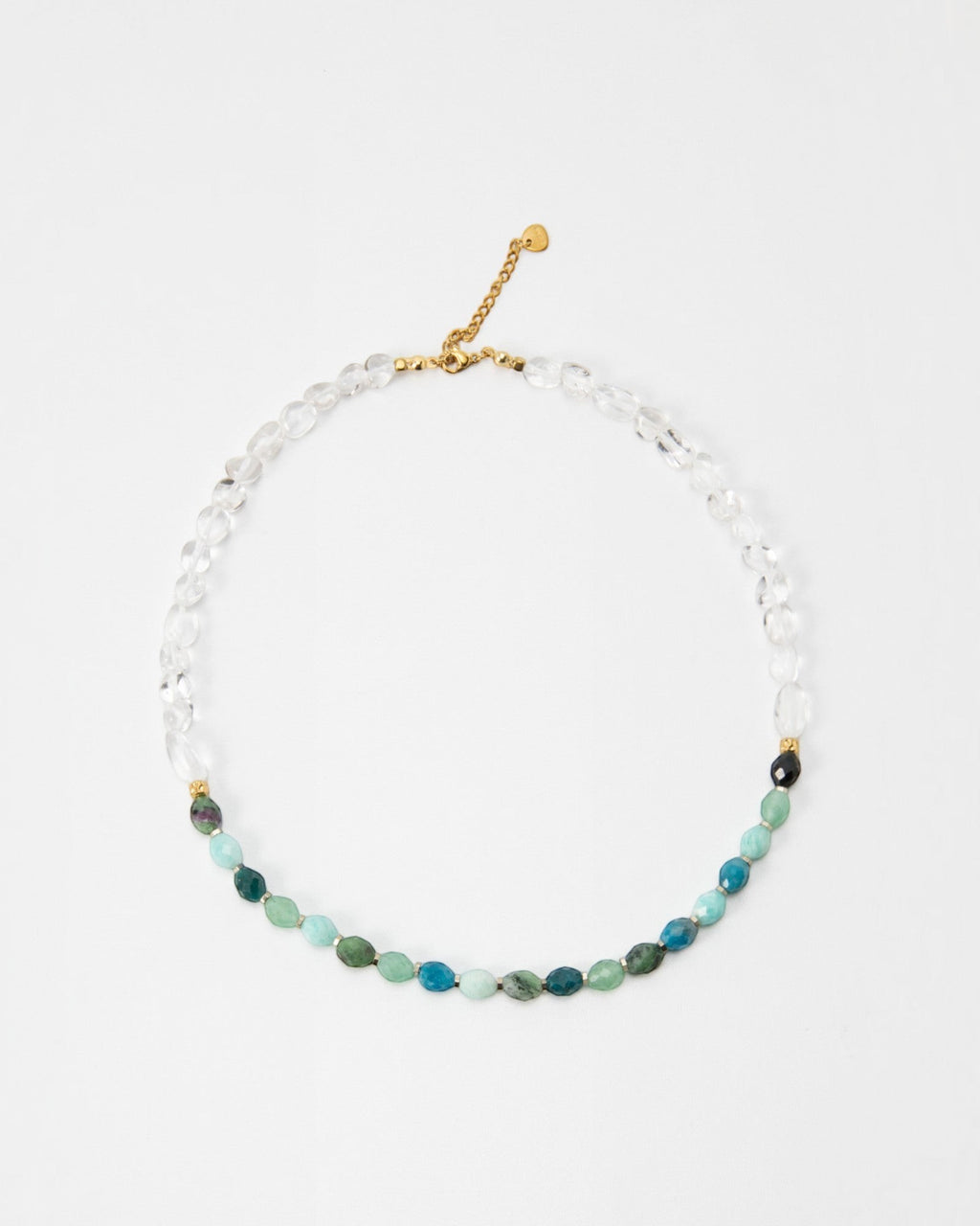 Elsita Jewelry Mint necklace featuring Amazonite, Aventurine, Apatite, and clear quartz beads on a stainless steel chain.