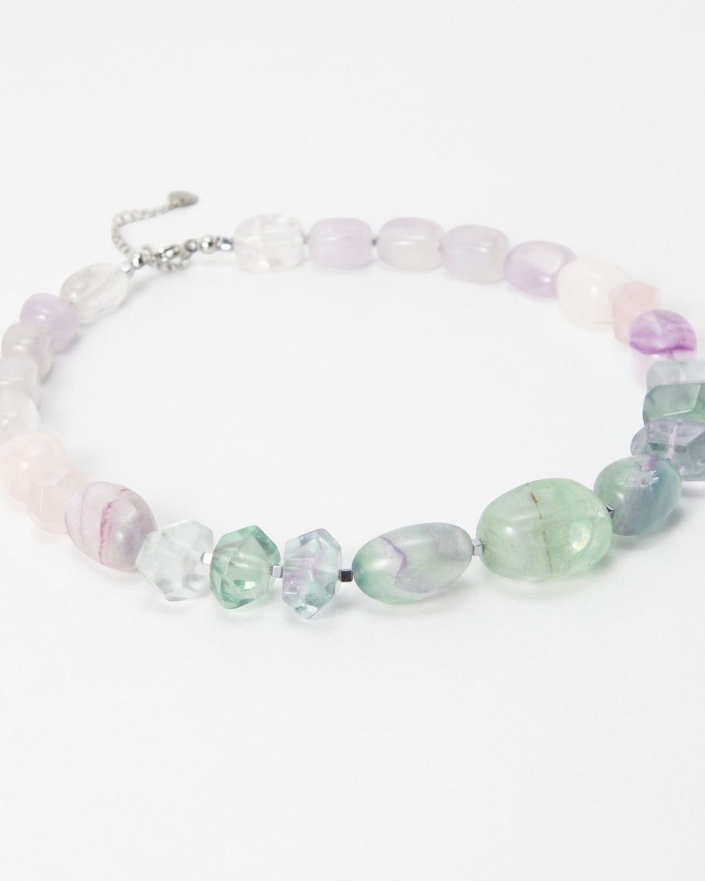Elsita Jewelry Pastel necklace featuring smooth and faceted multi-coloured fluorite gemstone beads on a silver chain.
