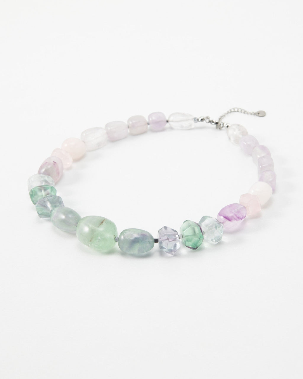 Elsita Jewelry Pastel necklace featuring smooth and faceted multi-coloured fluorite gemstone beads on a silver chain.
