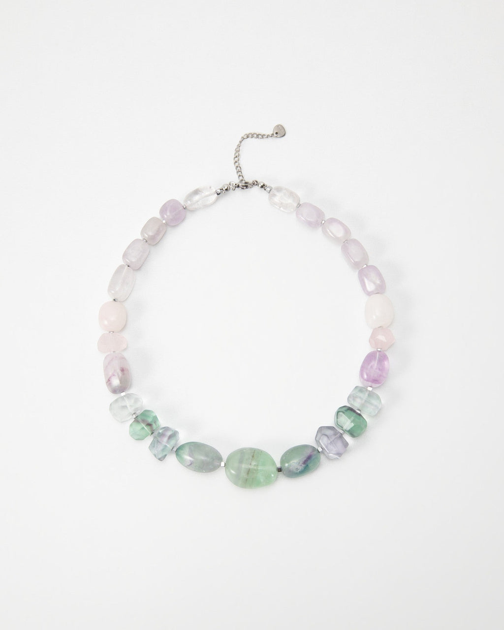 Elsita Jewelry Pastel necklace featuring smooth, multi-colored gemstone beads in soft lavender, pink, and mint green.