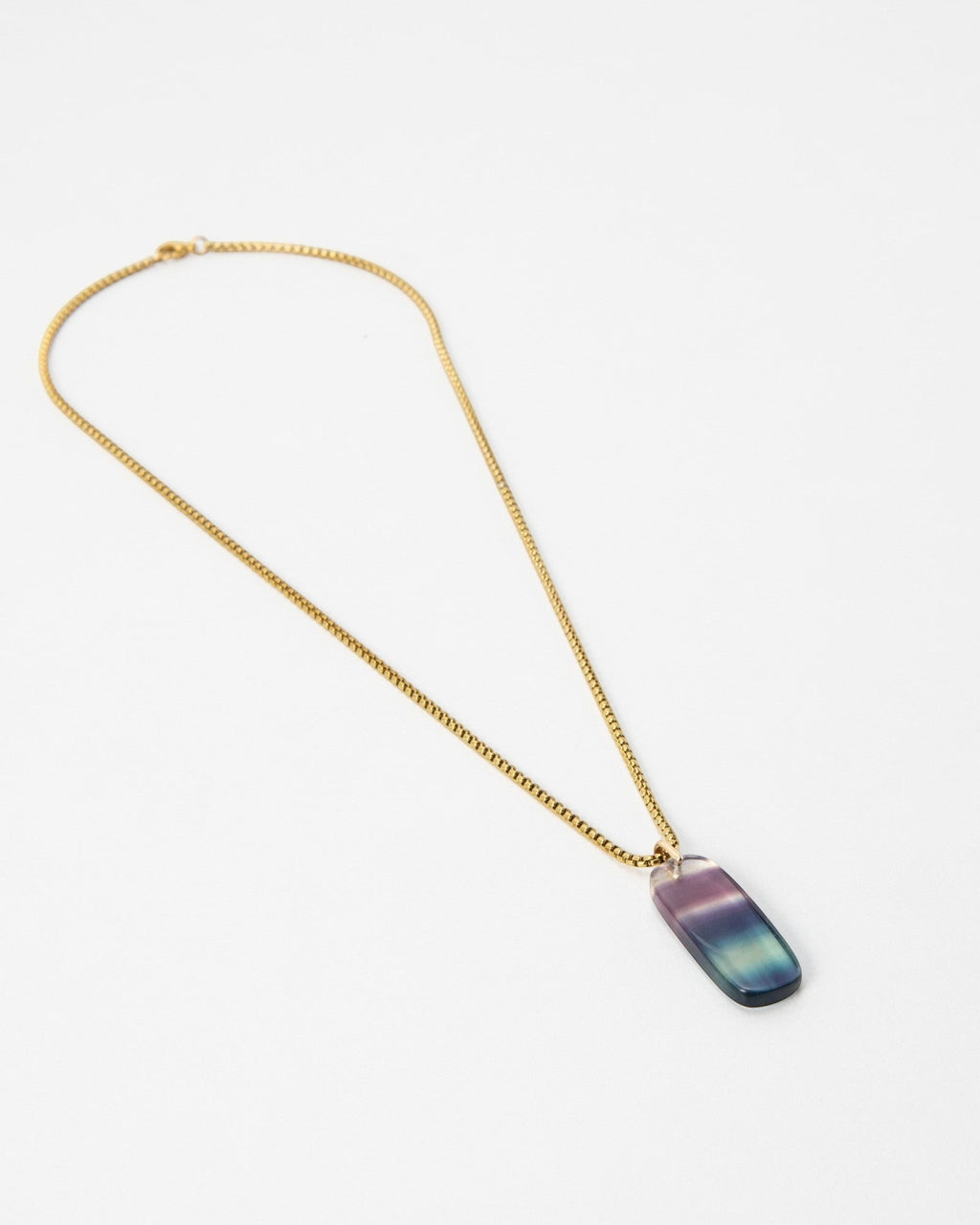 Elsita Jewelry Rainbow necklace featuring a rectangular gradient fluorite pendant on a delicate gold chain