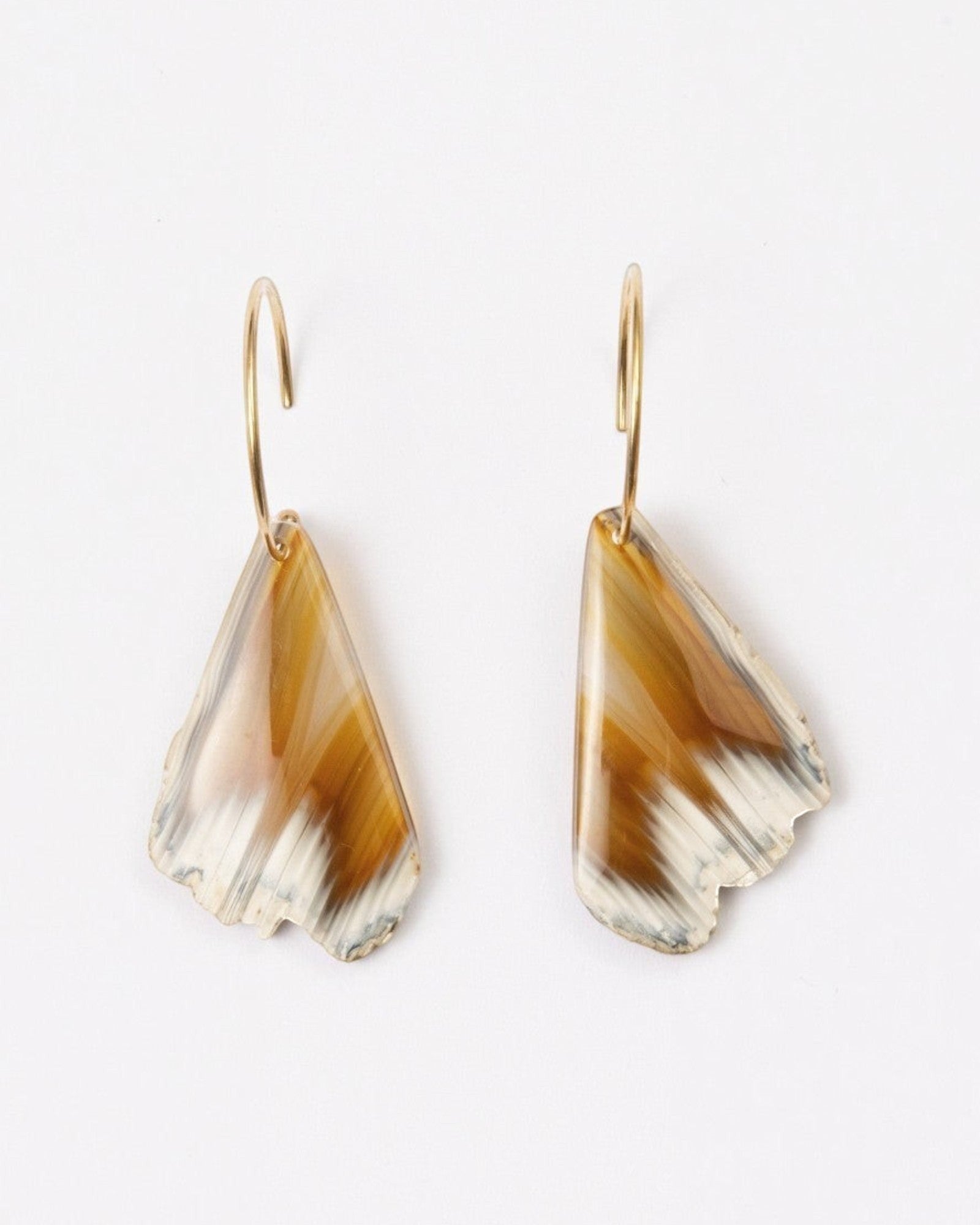 Elsita Jewelry Wild 18 raw Indonesian agate slice earrings on 14K gold-filled hoops with earthy brown banding.