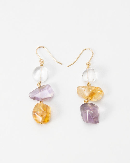 Elsita Jewelry asymmetrical earrings featuring raw clear quartz, citrine, and amethyst stones on 14K gold-filled wires.