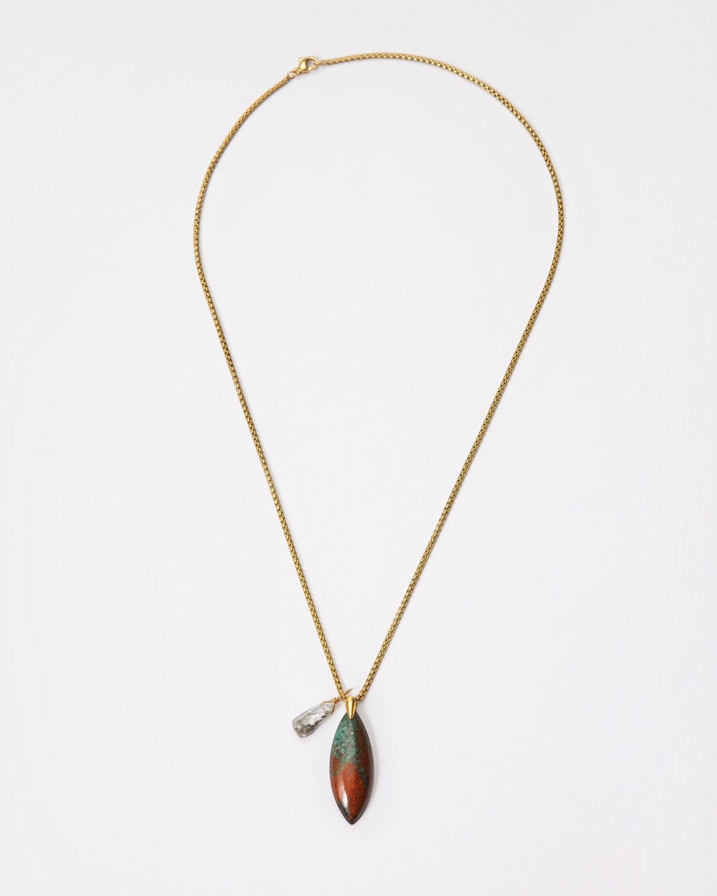 Elsita Jewelry Horizon II necklace featuring a marquise-cut Sonora sunset stone and green quartz on a gold-tone chain.
