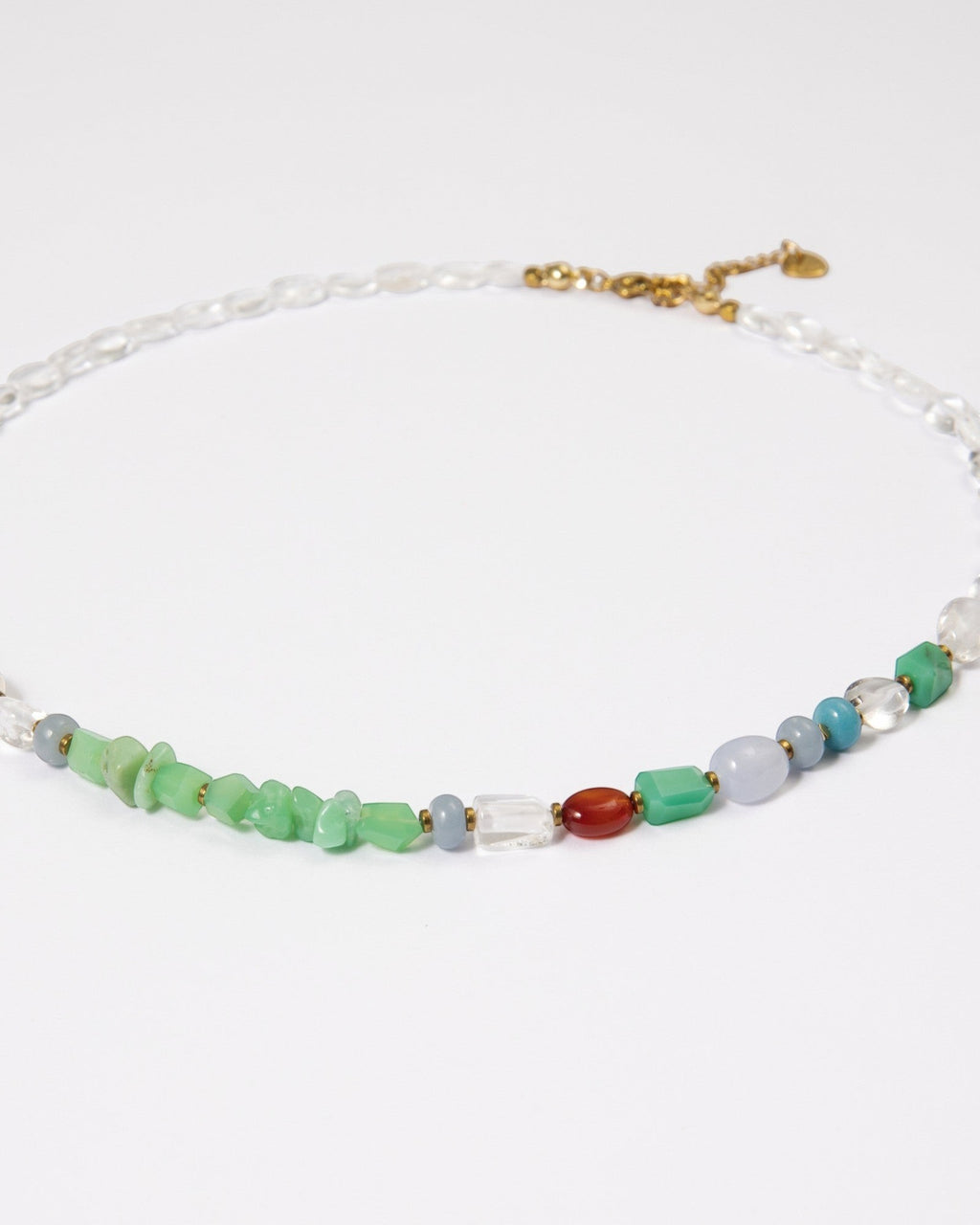 Elsita Jewelry Spring necklace featuring a mix of chrysoprase, larimar, pearl, and quartz beads on a delicate chain.