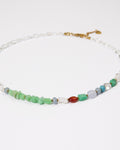 Elsita Jewelry Spring necklace featuring a mix of chrysoprase, larimar, pearl, and quartz beads on a delicate chain.