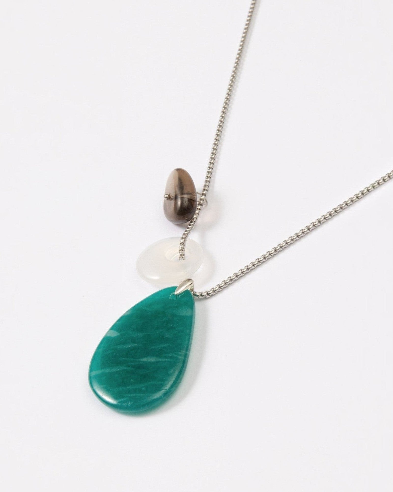 Elsita Jewelry Stein am Rhein necklace featuring a large green Amazonite, white agate, and smoky quartz on a silver chain