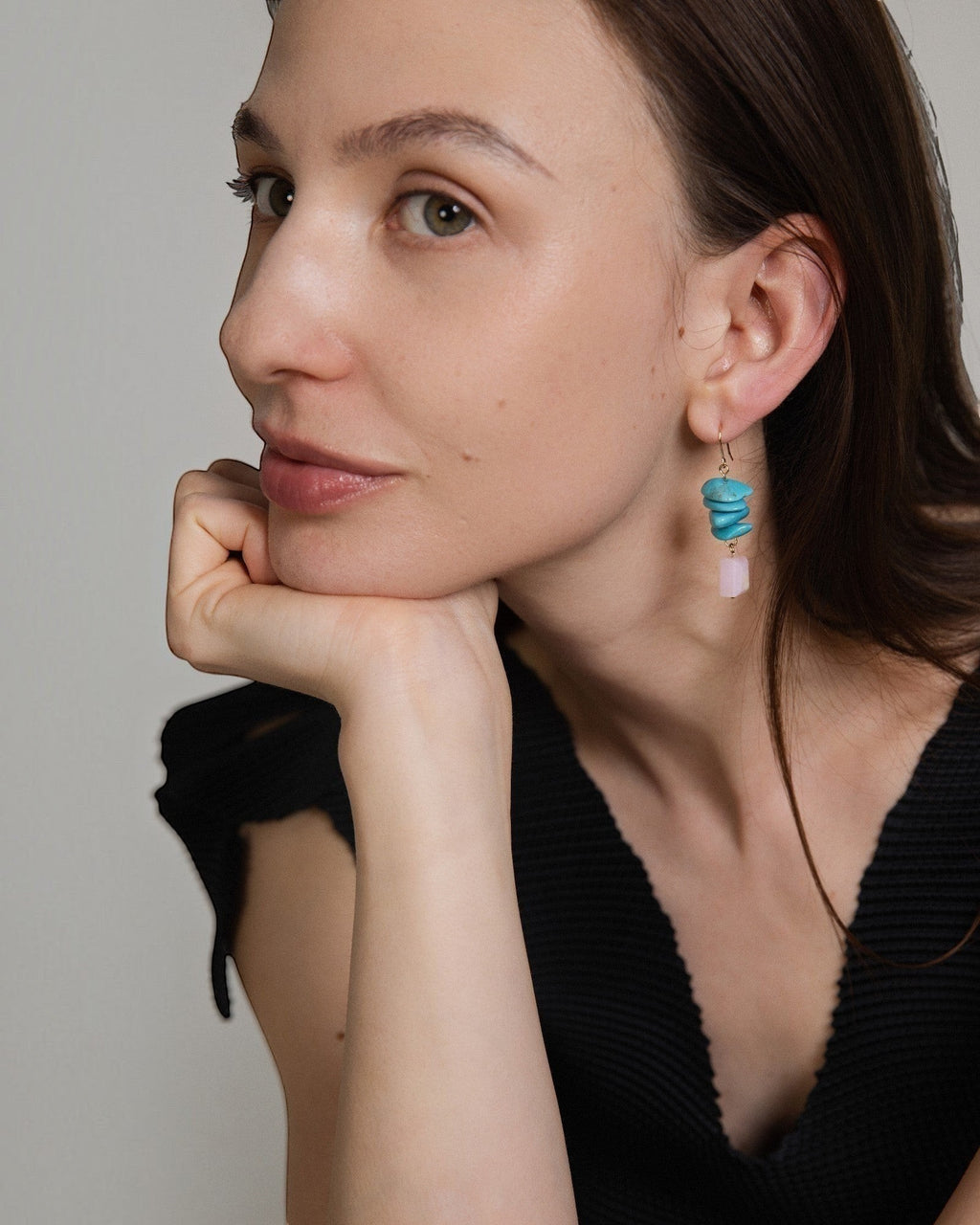 Elsita Jewelry Candy earrings featuring layered turquoise slices and a pink opal drop on 14K gold-filled hooks.
